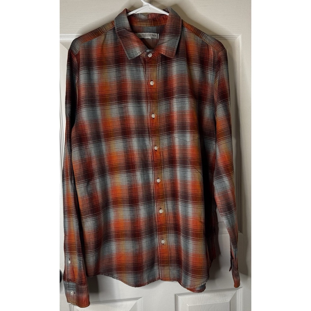 Outerknown Shirt Mens Medium Rust Orange Blue Gray Plaid Casual Surf Linen - Picture 2 of 7